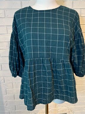 A New Day Teal Cotton Windowpane Check Peplum Blouse Womens S